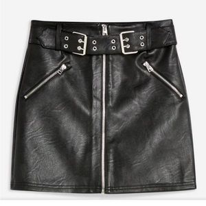 TopShop Belted Zip Front Faux Leather Black Biker Moto Mini Skirt - Size 2